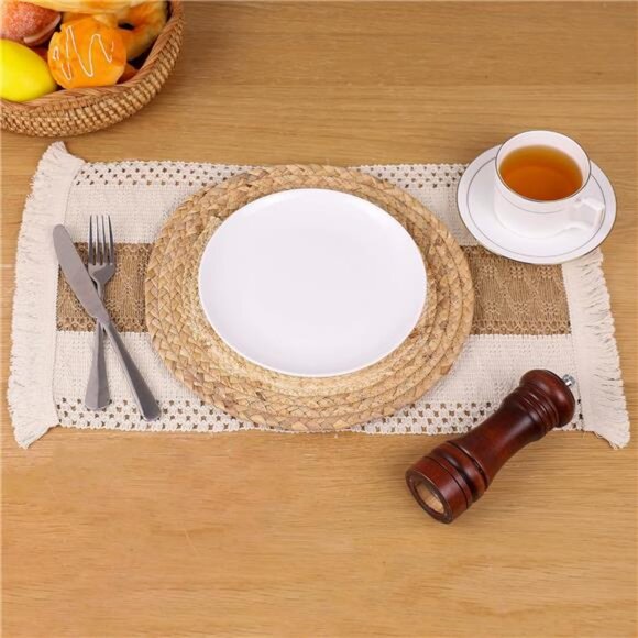 Handmade Boho Placemats Set of 4 - Natural Cotton Burlap and Water Straw Woven - Picture 4 of 7